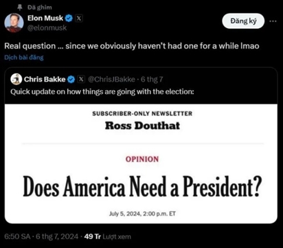 Tỷ phú Elon Musk: Nước Mỹ từng hoạt động không cần đến tổng thống